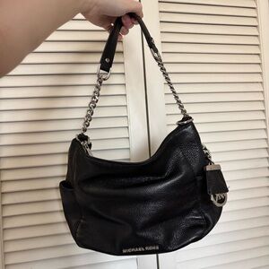 Michael Kors Black Pebbled Leather Shoulder Bag Chain Strap Hobo Purse